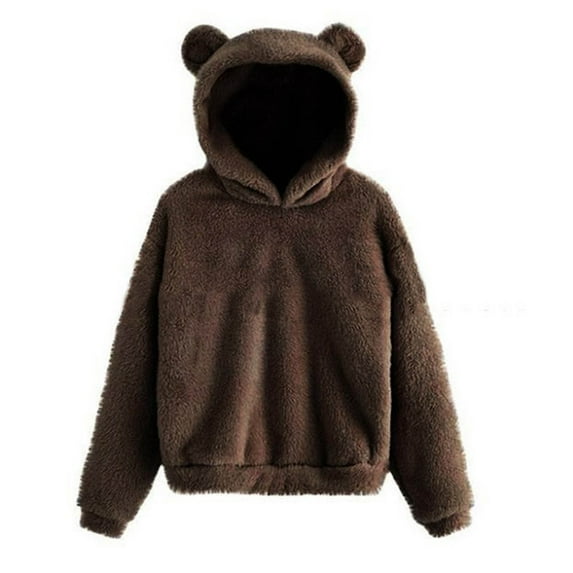 jsaierl Womens Bear Ear Sherpa Hoodies Solid Fleece Cute Top Long Sleeve Loose Warm Pullover Sweatshirt