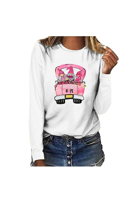 Womens Breast Cancer Awareness T-shirt Pink Ribbon Printed Tops Long Sleeve Tees Crewneck Print T-Shirt Pink Tunic Tops Pullover Ladies Cancer Awareness Shirts