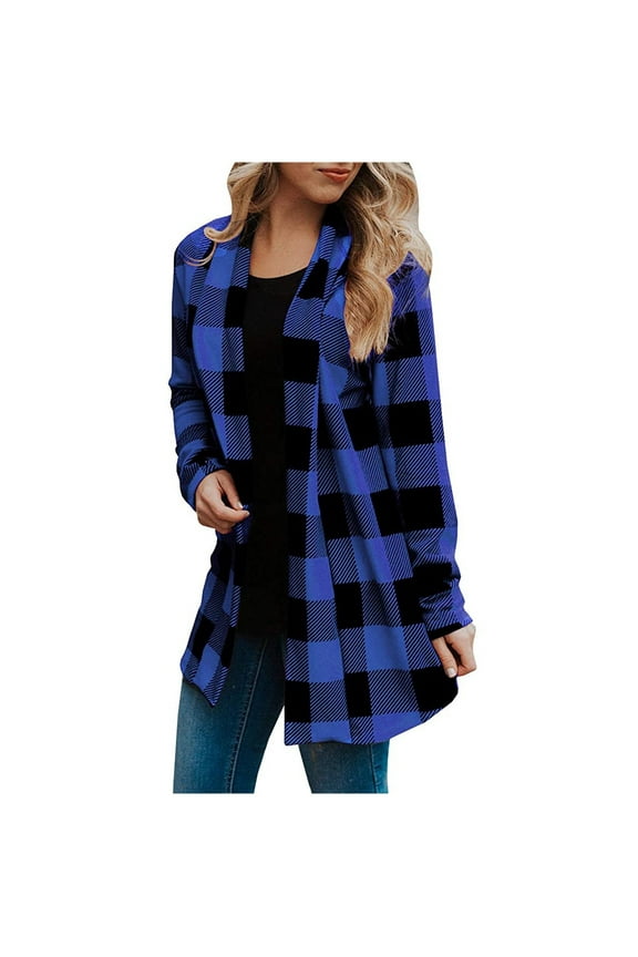 Women's Plaid Print Lightweight Open Front Cardigans Casual Long Sleeve Cardigan Dusters