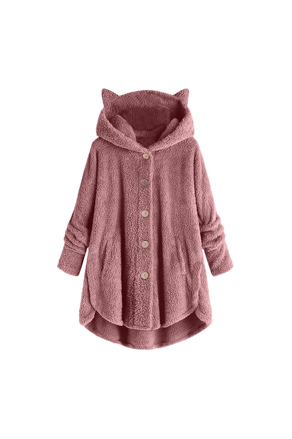 Womens Button Plush Tops Fleece Fuzzy Cat Ear Hooded Loose Cardigan Sweatshirt Solid Color Coat Jacket