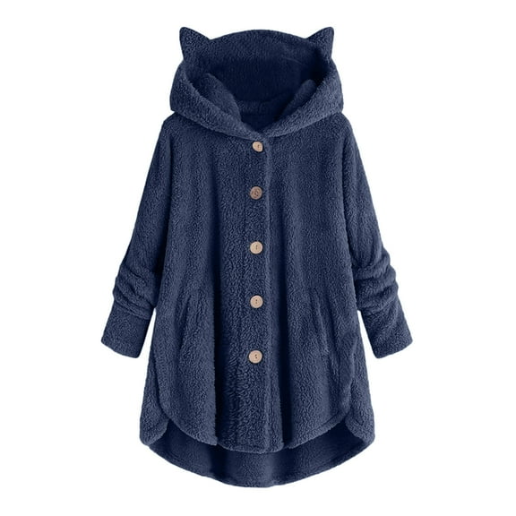 jsaierl Womens Button Plush Tops Fleece Fuzzy Cat Ear Hooded Loose Cardigan Sweatshirt Solid Color Coat Jacket