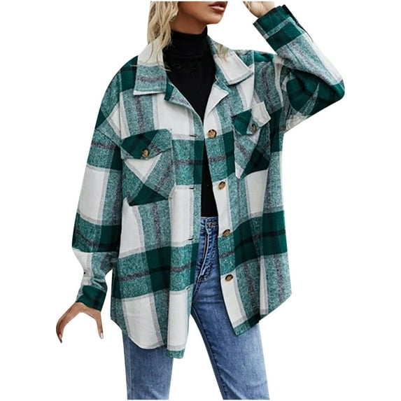 jsaierl Womens Casual Flannel Wool Blend Plaid Lapel Button Down Long Sleeve Shacket Jacket Coat Winter Loose Oversize Shirts Top