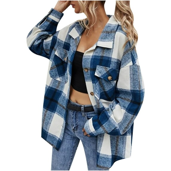 jsaierl Womens Casual Flannel Wool Blend Plaid Lapel Button Down Long Sleeve Shacket Jacket Coat Winter Loose Oversize Shirts Top