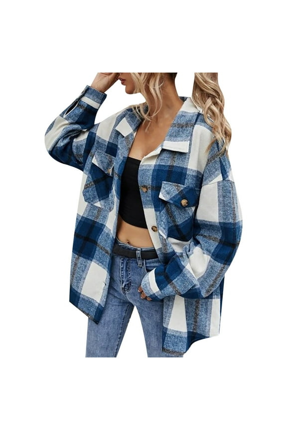 Womens Casual Flannel Wool Blend Plaid Lapel Button Down Long Sleeve Shacket Jacket Coat Winter Loose Oversize Shirts Top