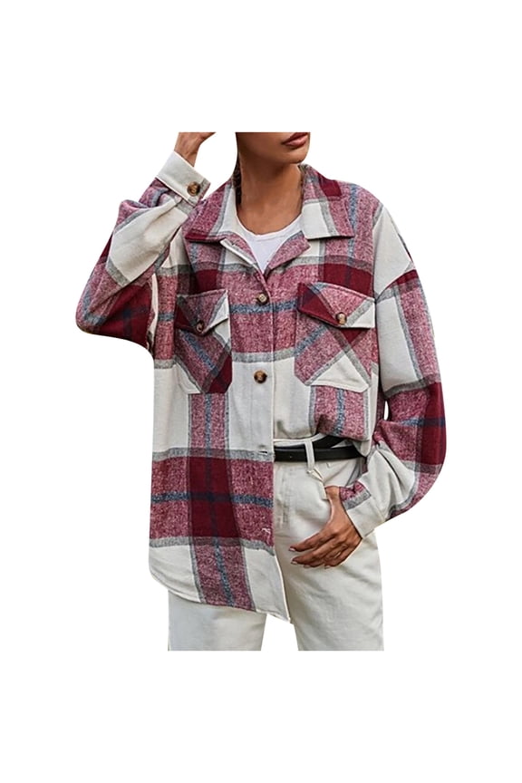 Womens Casual Flannel Wool Blend Plaid Lapel Button Down Long Sleeve Shacket Jacket Coat Winter Loose Oversize Shirts Top