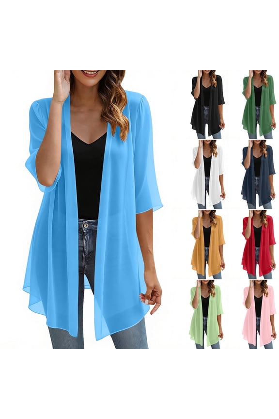 Women Elegant Short Sleeve Chiffon Kimono Cardigan, Loose Open Front Flowy Outerwear, Stylish Sheer Sunscreen Coat for Dating Shopping Summer Daily