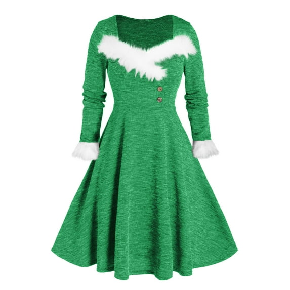 jsaierl Womens Christmas Dresses Long Sleeve V-Neck Cocktail Dress Holiday Faux Fur Trim A Line Dresses Casual Swing Dress Christmas Gift for Women
