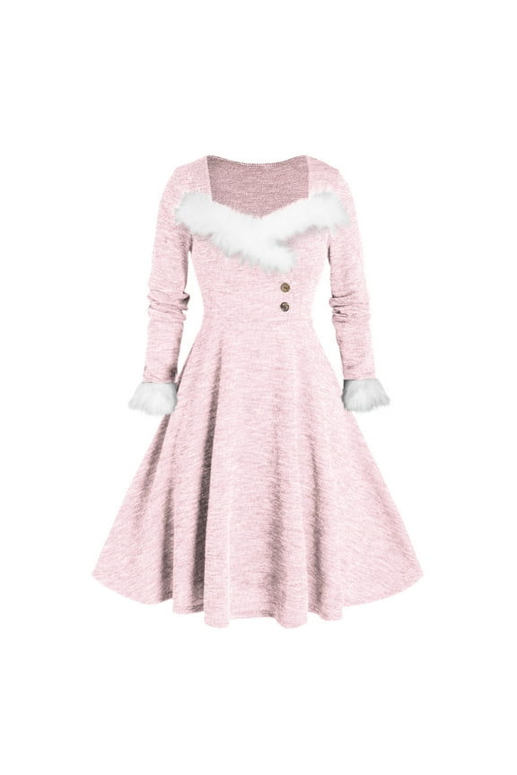 Womens Christmas Dresses Long Sleeve V-Neck Cocktail Dress Holiday Faux Fur Trim A Line Dresses Casual Swing Dress Christmas Gift for Women