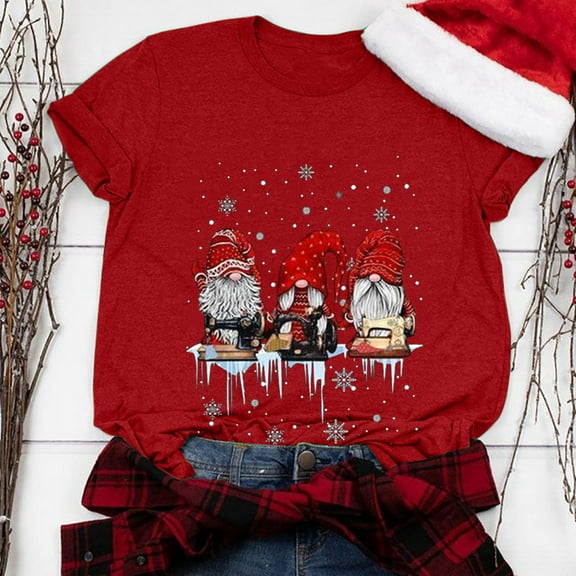 jsaierl Womens Christmas Shirts Short Sleeve Gnomes Pattern Tops V Neck T Shirt Bleached Dressy Casual Tees Blouse Top Women Fall Fashion 2024