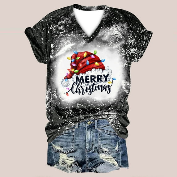jsaierl Womens Christmas Shirts Short Sleeve Merry Christmas Graphic Tops Funny Crewneck Shirt Bleached Dressy Casual Tees Blouse Top for Women Fashion 2024