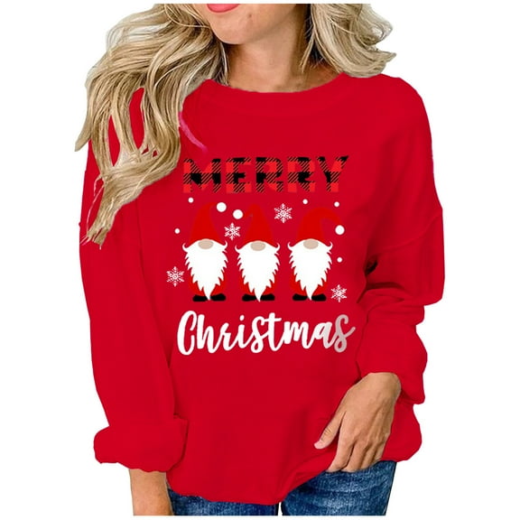 jsaierl Womens Christmas Sweatshirts Long Sleeve Gnomes Pattern Top Round Neck Sweatshirt Plus Size Pullover Christmas Gifts for Women