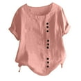 thumbnail image 1 of jsaierl Womens Cotton Linen Shirts Casual Summer Short Sleeve Tops Cute Solid Color Round Neck T-shirts Buttons Breathable Breezy Blouses, 1 of 6