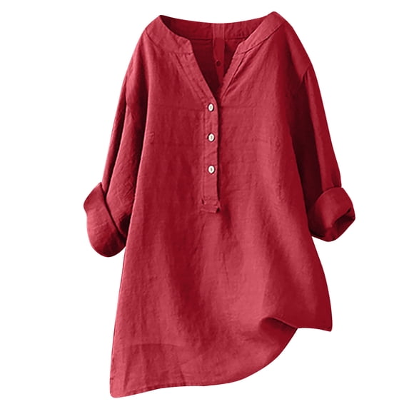 jsaierl Womens Cotton Linen Shirts Plus Size 3/4 Sleeve Tops Tunic Print V Neck T-shirts Buttons Lightweight Flowy Blouses