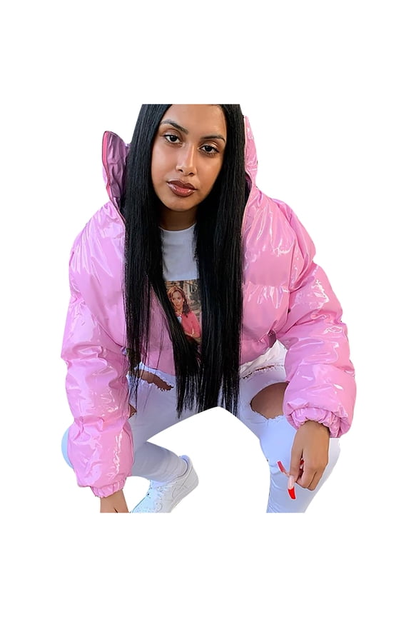 Womens Cropped Jackets Mirror PU Leather Puffer Jacket Fashion Zipper Solid Cropped Jacket Bubble Coats For Women