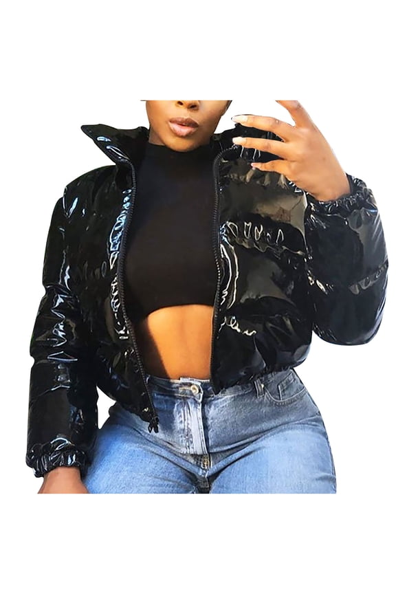 Womens Cropped Jackets Mirror PU Leather Puffer Jacket Fashion Zipper Solid Cropped Jacket Bubble Coats For Women