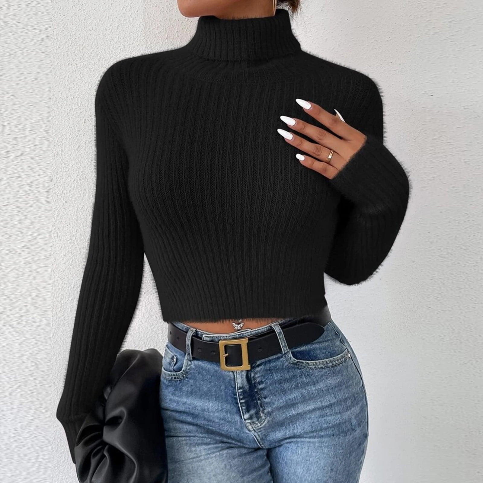 jsaierl Womens Cropped Sweaters Knit Long Sleeve Top Tight Turtleneck  Sweater Tunic Stretch Pullover Jumper Fall Sweaters for Women 2022 -  Walmart.com