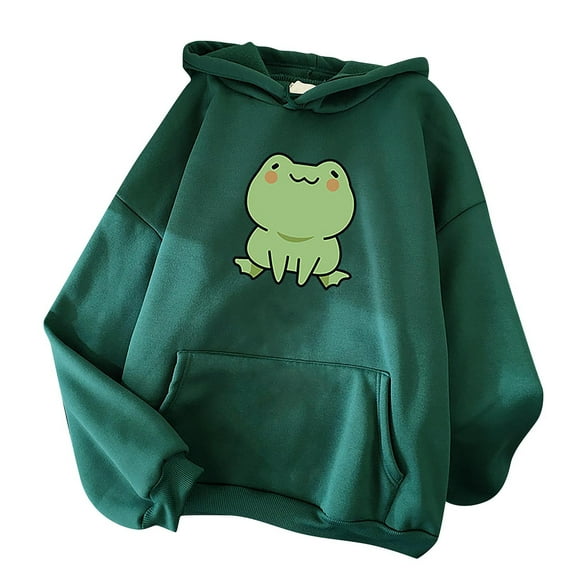 jsaierl Womens Cute Cartoon Frog Print Hoodies Long Sleeve Pullover Drawstring Hooded Sweatshirts