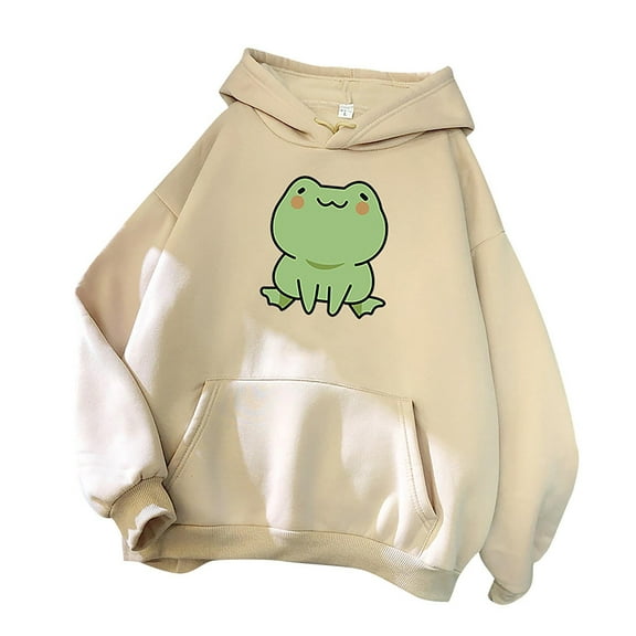 jsaierl Womens Cute Cartoon Frog Print Hoodies Long Sleeve Pullover Drawstring Hooded Sweatshirts