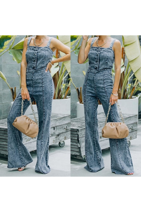 Womens Denim Jumpsuits and Rompers , Women Fashion Casual Solid Long Jumpsuit Pocket Flare Rompers Overalls