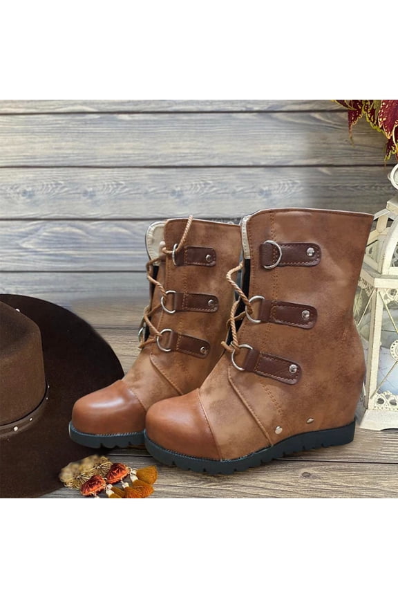 Womens Fashion Splicing Slope Heel Boots Bandage Round Toe High Heeled Boots Shoes