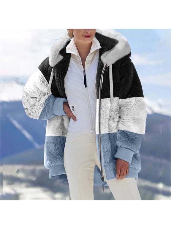 Womens Fuzzy Fleece Jacket, Zip Up Plush Color Block Stitching Winter Jacket Coat, Warm Fleece Blanket Jackets for Women with Hood Outwear with Pockets