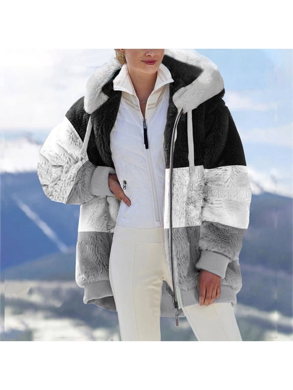 Womens Fuzzy Fleece Jacket, Zip Up Plush Color Block Stitching Winter Jacket Coat, Warm Fleece Blanket Jackets for Women with Hood Outwear with Pockets
