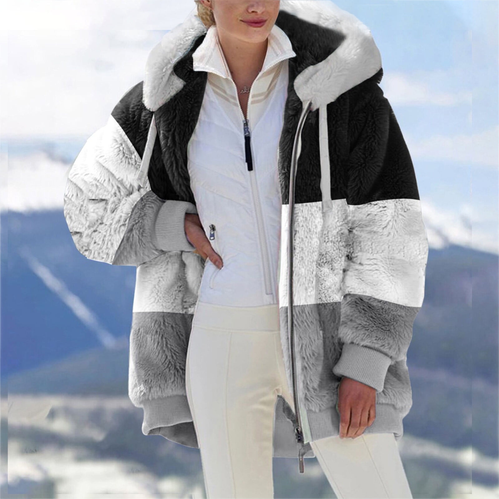jsaierl Womens Fuzzy Fleece Jacket Zip Up Plush Color Block Stitching Winter Jacket Coat Warm Fleece Blanket Jackets for Women with Hood Outwear with Pockets Walmart