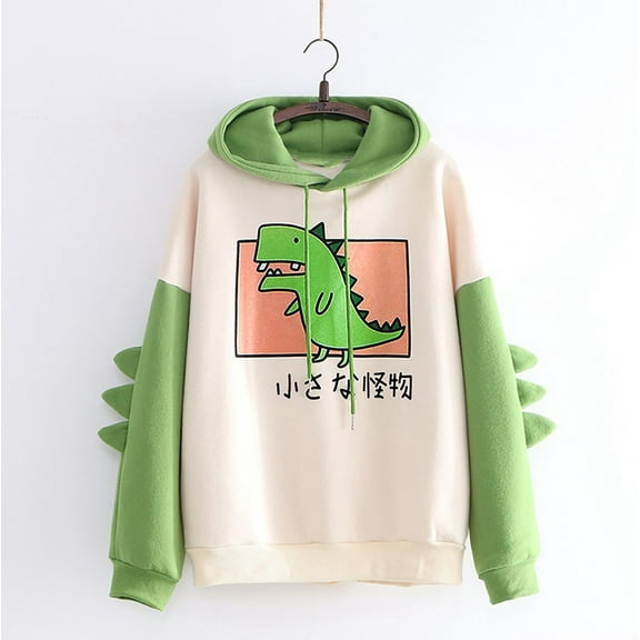jsaierl Womens Hoodies Dinosaurs Graphic Color Block Top Long Sleeve Cute Shirt Trendy Pullover Sweatshirt