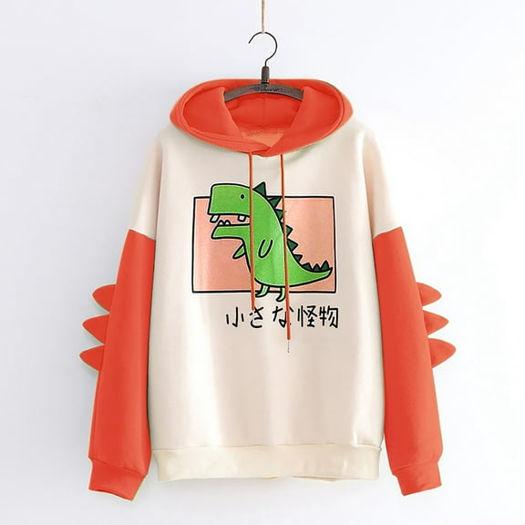 jsaierl Womens Hoodies Dinosaurs Graphic Color Block Top Long Sleeve Cute Shirt Trendy Pullover Sweatshirt