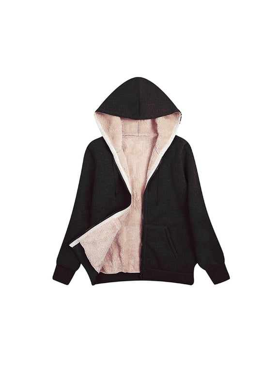 Womens Hoodies Fleece Lined Jacket Zip Up Long Sleeve Cozy Outwear Solid Warm Hooded Jackets