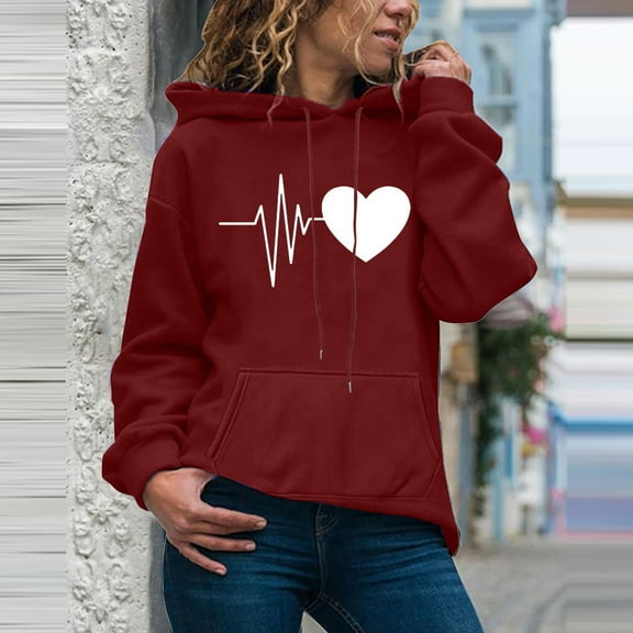 jsaierl Womens Hoodies Heart Print Sweatshirt Top Long Sleeve Dressy Casual Shirt Loose Pullover Hooded Sweatshirt with Pocket
