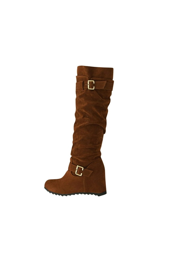 Womens Knee High Boots Suede Riding Boots Hide Wedge Heels Wide Calf Knee Fall Winter Boots