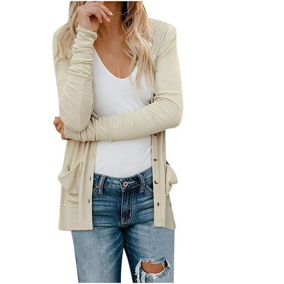 jsaierl Womens Knitted Cardigan Lightweight Long Sleeve Button Down Cardigan with Pocket Cute Casual Candy Solid Cadigan Coat