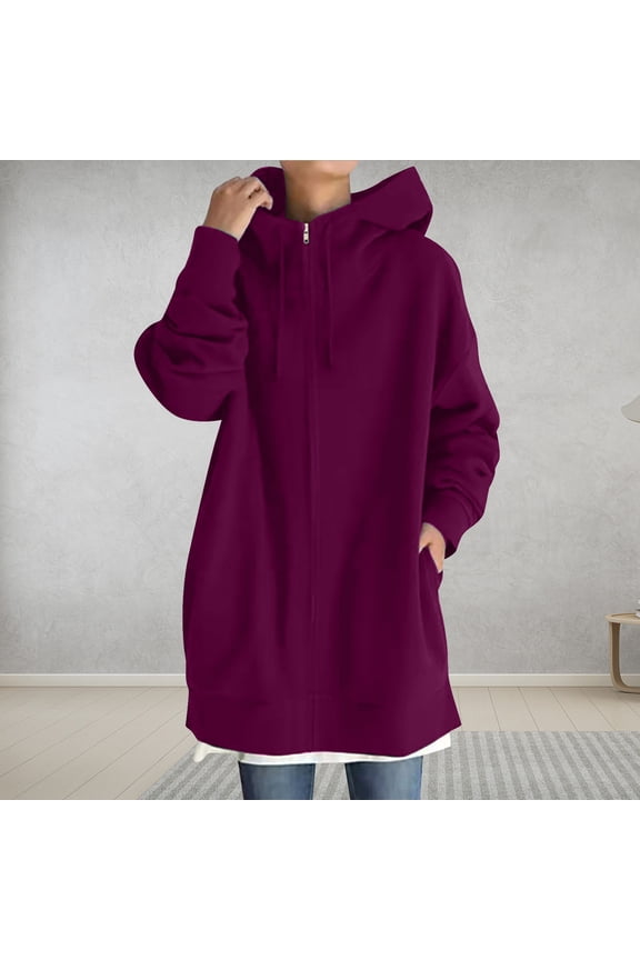 Womens Long Hoodies Zip Up Solid Sweatshirt Jacket Long Sleeve Cozy Shirt Comfy Outwear Plus Size Hooded Coat