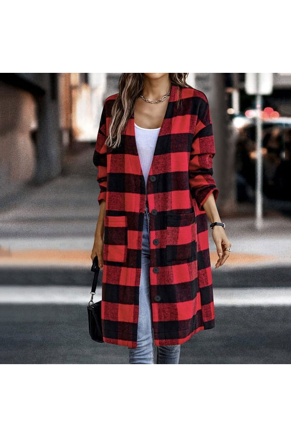 Womens Long Plaid Flannel Shacket Button Down Long Sleeve Shirt V-Neck Jacket Oversized Fall Winter Coat Outwear with Pockets