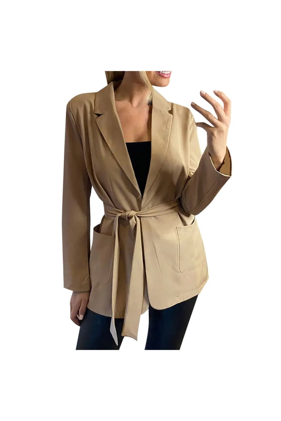 Womens Long Sleeve Blazer Belt Wrap Tie Casual Work Office Jackets with Pockets Blazer