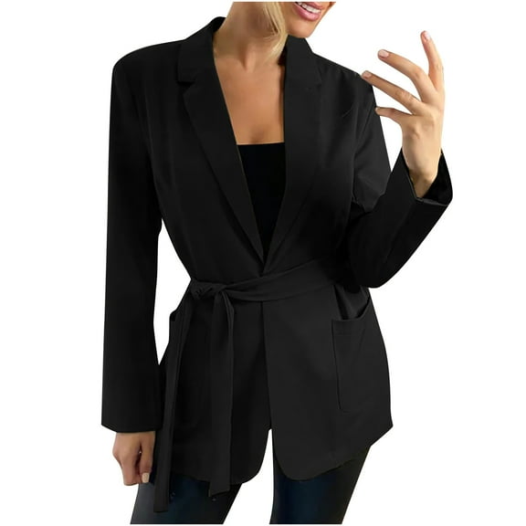 jsaierl Womens Long Sleeve Blazer Belt Wrap Tie Casual Work Office Jackets with Pockets Blazer