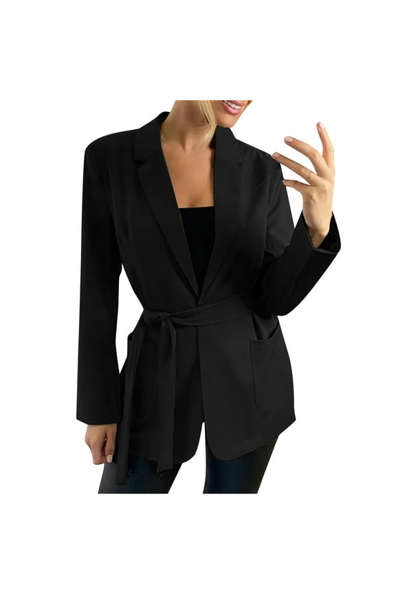 Womens Long Sleeve Blazer Belt Wrap Tie Casual Work Office Jackets with Pockets Blazer