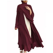 jsaierl Womens Muslim Open Front Chiffon Maxi Cardigan Abaya Robe Kaftan Loose Dress Head Wrap