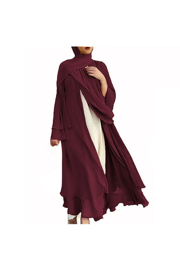 Womens Muslim Open Front Chiffon Maxi Cardigan Abaya Robe Kaftan Loose Dress Head Wrap