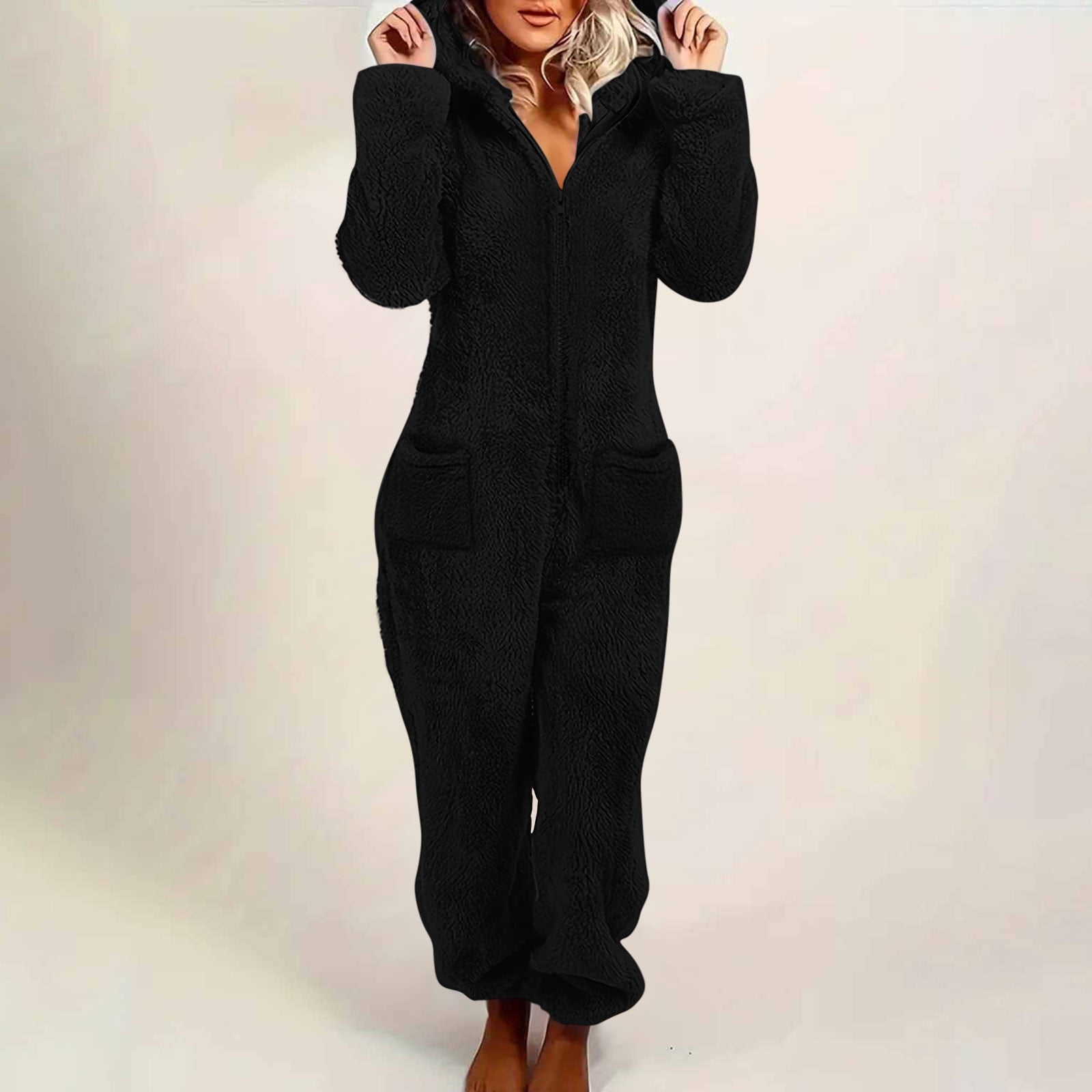 Jsaierl Womens Fleece Onesies Pajamas Jumpsuit Warm Sherpa Romper Sleepwear One Piece Zipper Hooded Playsuit Loungewear Christmas Pajamas