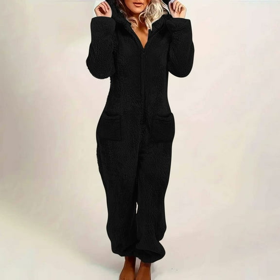Jsaierl Womens Fleece Onesies Pajamas Jumpsuit Warm Sherpa Romper Sleepwear One Piece Zipper Hooded Playsuit Loungewear Christmas Pajamas