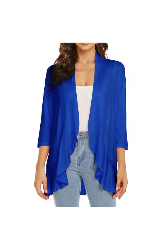 Womens Open Front 3/4 Sleeve Cardigans Draped Ruffles Duster Lightweight Fall Cardigans for Women 2024