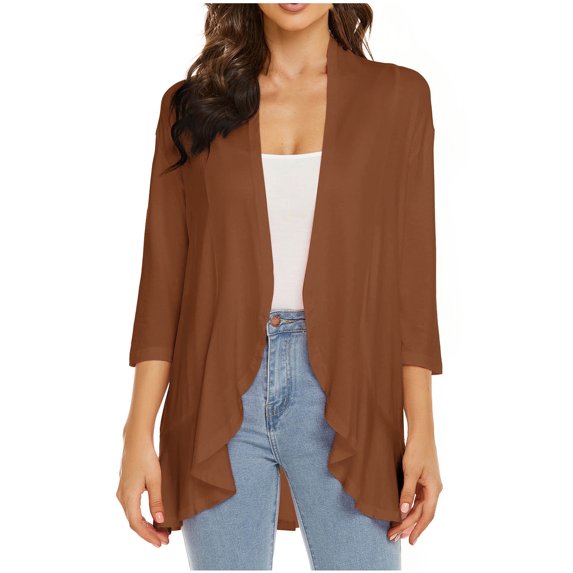 jsaierl Womens Open Front 3/4 Sleeve Cardigans Draped Ruffles Duster Lightweight Fall Cardigans for Women 2025