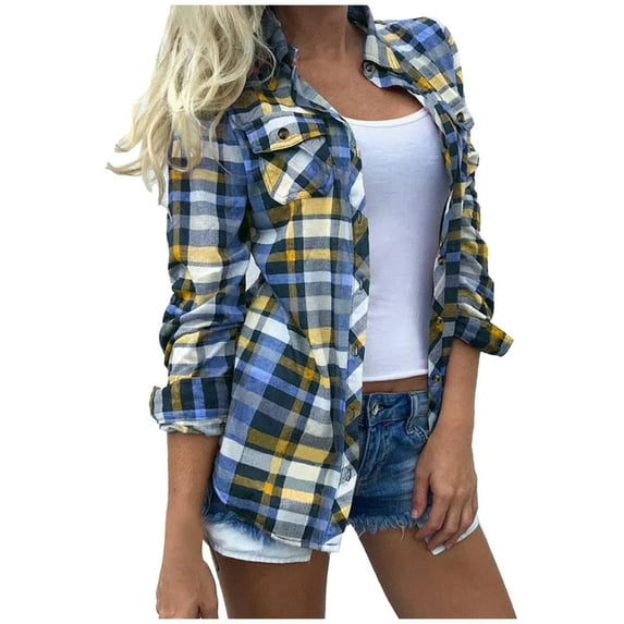 jsaierl Womens Plaid Long Sleeve Shirts Button Down Shirt Casual Loose Pockets Blouse Tops Fall Lightweight Cardigan