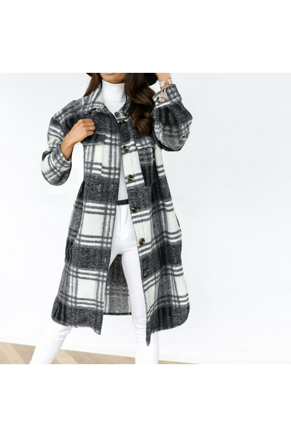 Womens Plaid Long Wool Blend Coat Shacket Jackets Long Sleeve Button Down Casual Boyfriend Flannel Shirts