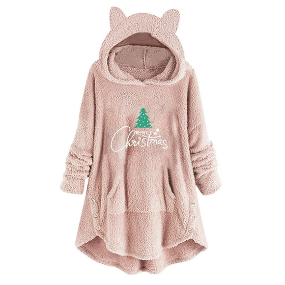 jsaierl Womens Plush Hoodies Top Long Sleeve Cat Ear Sweater Plush Buttons Christmas Printed Fall Tops Dressy Casual Top Outwear Coat for Women