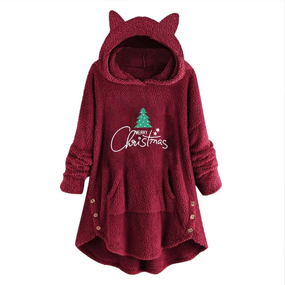 jsaierl Womens Plush Hoodies Top Long Sleeve Cat Ear Sweater Plush Buttons Christmas Printed Fall Tops Dressy Casual Top Outwear Coat for Women