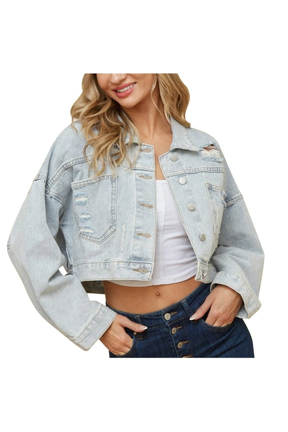 Womens Ripped Cropped Denim Jacket Casual Tassel Jean Coat with Silver Rhinestone Fringe