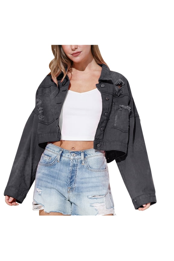 Womens Ripped Cropped Denim Jacket Casual Tassel Jean Coat with Silver Rhinestone Fringe